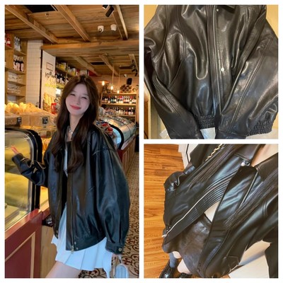 正品Ethos复古皮衣意大利进口真羊皮慵懒复古机车风夹克皮衣女