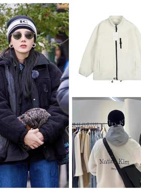 韩国matinkim羊羔毛刺绣字母外套迪丽热巴同款matin kim