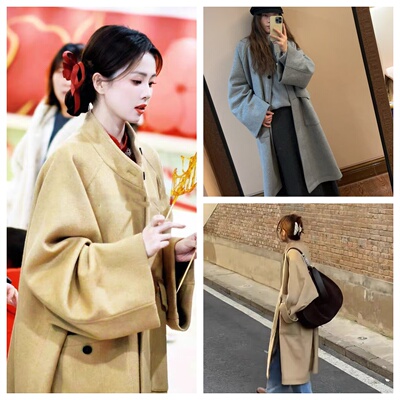 现货 Ethos 白鹿同款 慵懒风韩系大口袋宽松羊毛外套大衣中长款