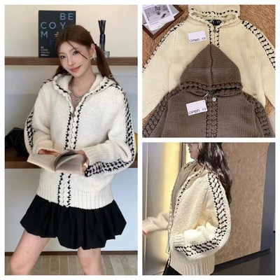 正品openyy秋冬新款粗针针织开衫连帽休闲宽松拉链慵懒风羊毛外套