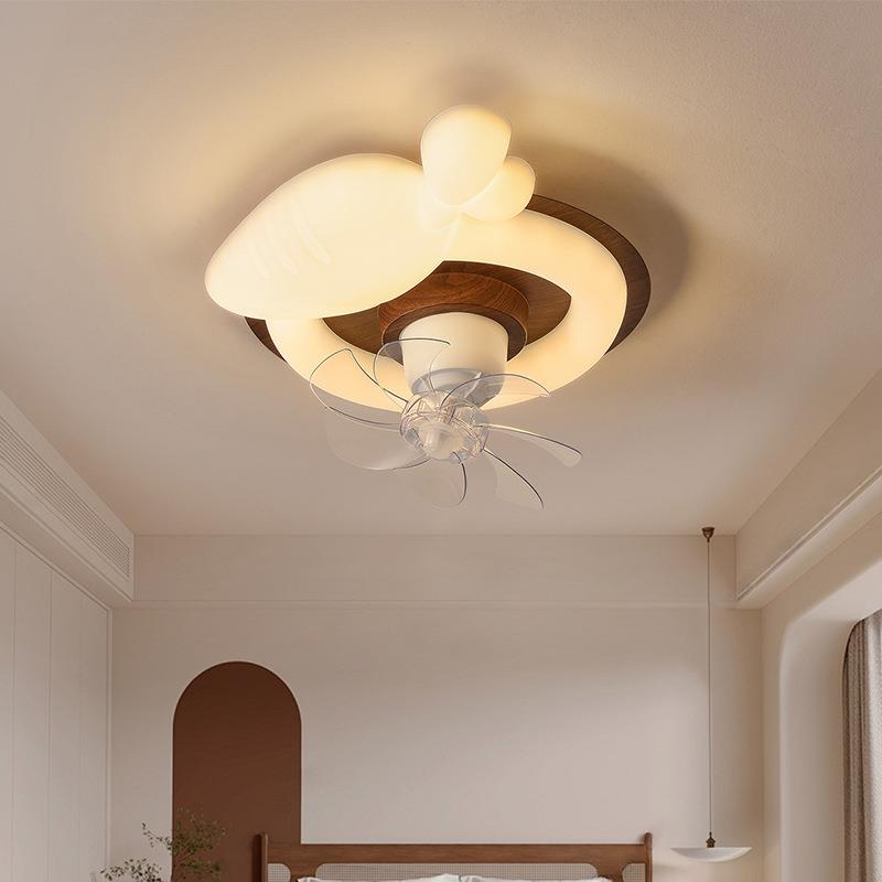 复古风奶油摇头风扇灯简约复古房间胡桃木纹卧室儿童房中古风扇灯