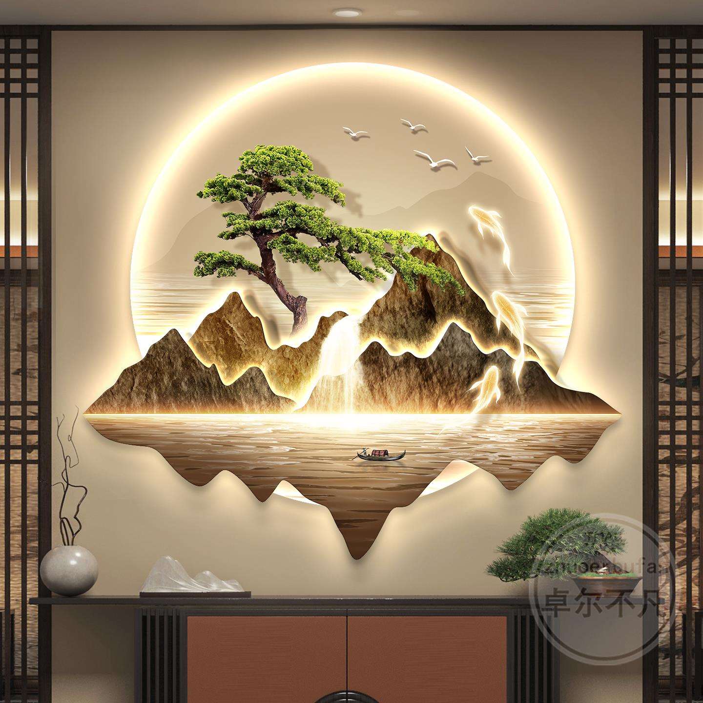 新中式玄关装饰画背有靠山寓意好山水画带灯走廊挂画迎客松壁画