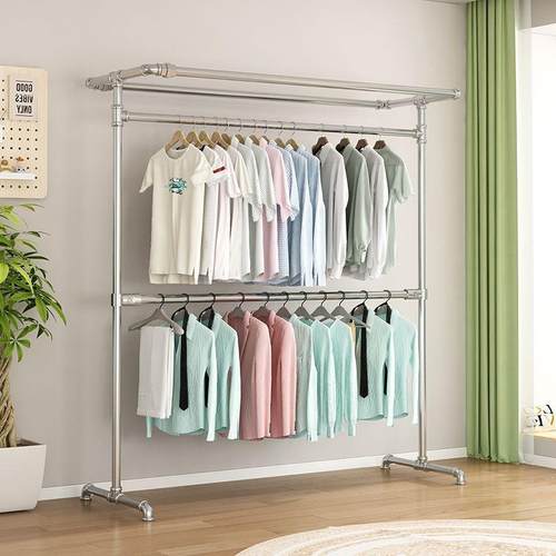 镀锌钢管防锈双层落地衣架家用可配防尘罩钢架可拆