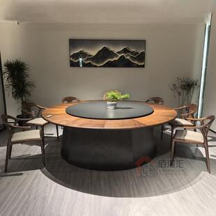 新中式酒店电动餐桌大圆桌岩板转盘18人饭店包厢电磁炉火锅桌椅