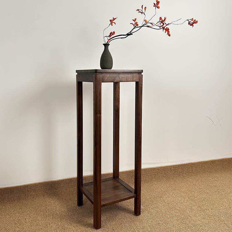 北美黑胡桃木花架实木双层花几新中式禅意盆景架客厅落地置物架子