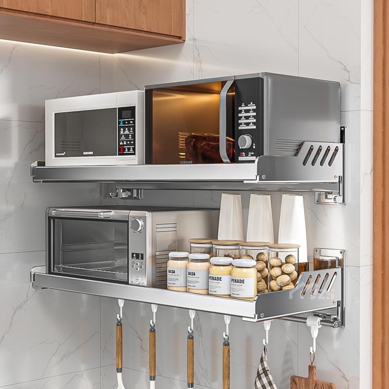 不锈钢厨房微波炉置物架壁挂式多功能免打孔家用调味料收纳壁挂架