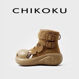 chikoku呲牙鲨开口笑雪地靴女2024新款 厚底保暖大头中筒靴子增高