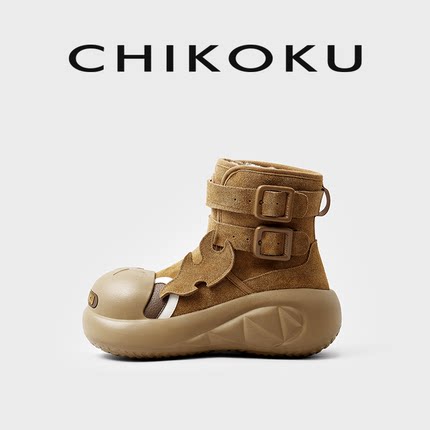 chikoku呲牙鲨开口笑雪地靴女2024新款厚底保暖大头中筒靴子增高