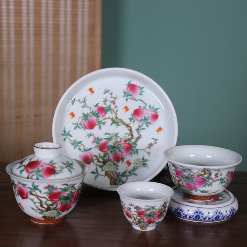 粉彩九桃五福茶具盖碗手杯景德镇仿古瓷器古玩收藏赏玩