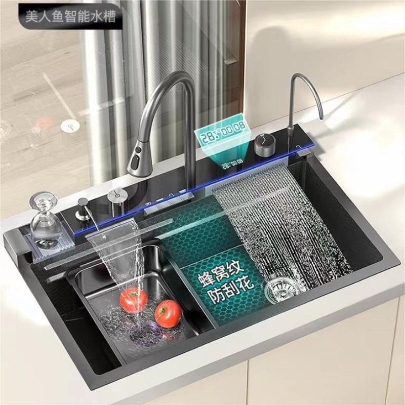 极速蜂窝压纹智能飞雨瀑布水槽304不锈钢洗菜Q盆厨房家用大单槽洗,家装主材,智能水槽,淘宝优惠券,粉丝福利购,淘宝优惠卷