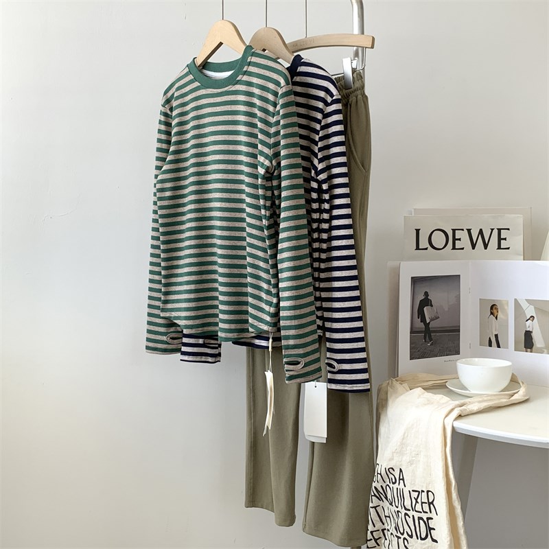 极速指母扣设计感条纹袖指扣圆领长袖打底衫女磨毛加W厚舞蹈服练