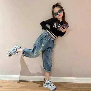 极速波拉韩童装男j女童牛仔裤2023春装儿童宽松老爹裤中大童破洞