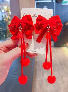 极速2022年新年红色头饰春节过B年中国风丝绒蝴蝶结发夹拜年服发