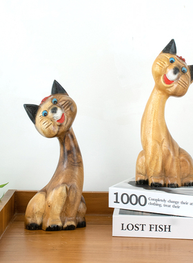 新品泰国实木创意猫咪摆件客厅电视柜博古架M摆设招财猫家居桌面