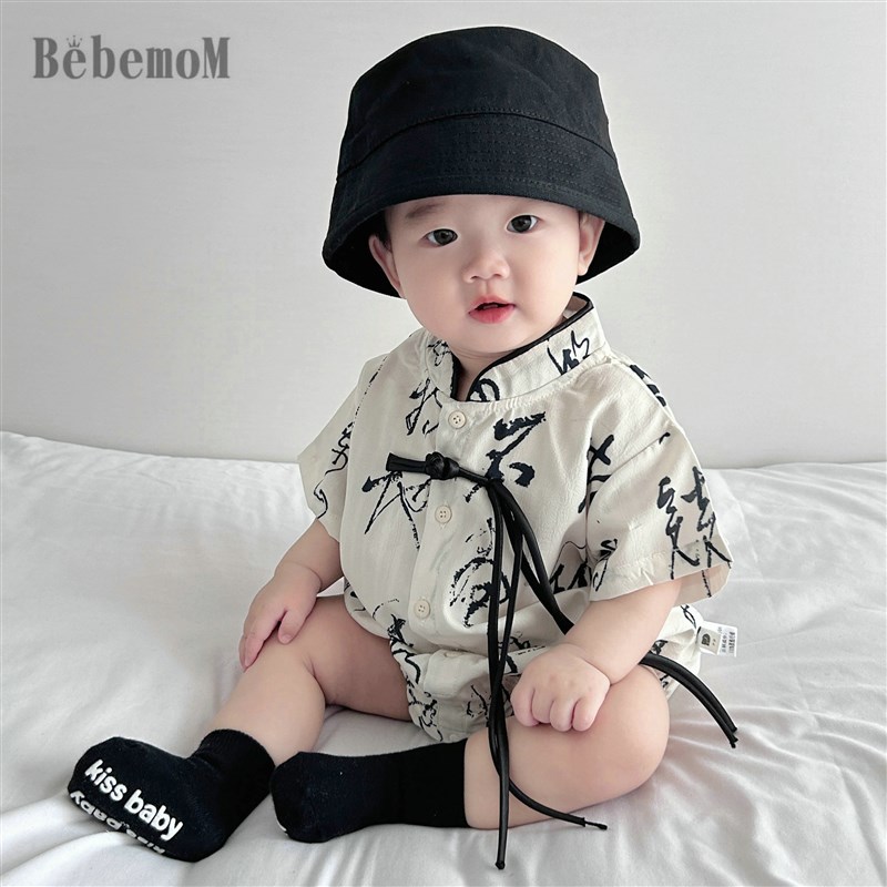 古风婴儿衣服唐汉l服国潮盘扣短袖连体衣男宝夏季薄款外出服包屁
