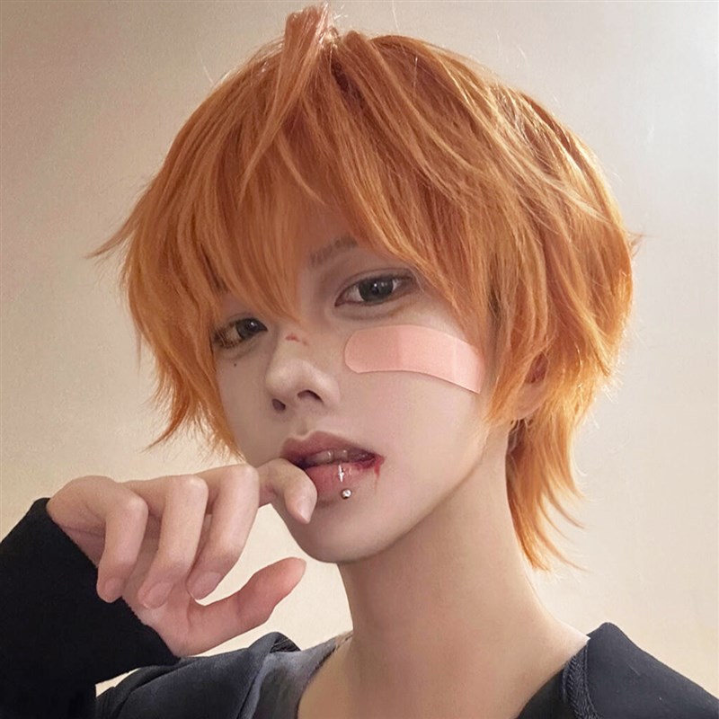 元气金橘色假发男狼尾脏橘色亮系短直发鲻鱼头亚比风个性百搭头套