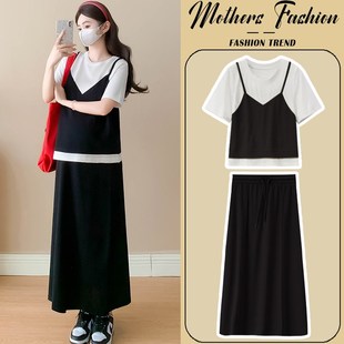 显瘦短袖 黑色时尚 外穿上衣半身裙两件套 夏2025新款 孕妇连衣裙套装