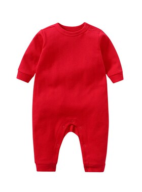 纯棉全棉0-2岁宝宝正红色w满月百日周岁连体服长爬三角长袖哈衣
