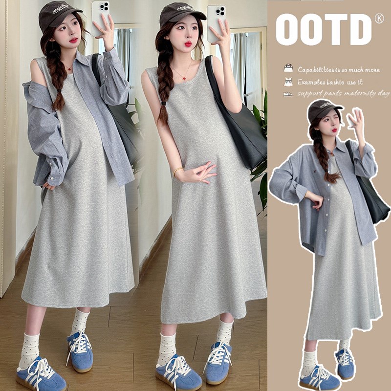 孕妇春装连衣裙中长款2025新款时髦宽松背心裙上衣怀孕期春秋裙子