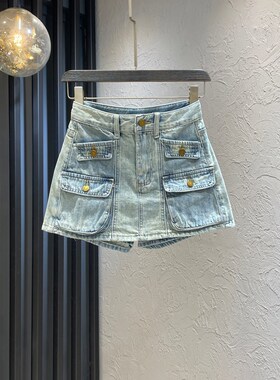 工装牛仔短裤女2j025夏季新款高腰显瘦口袋设计感复古A字包臀裤裙