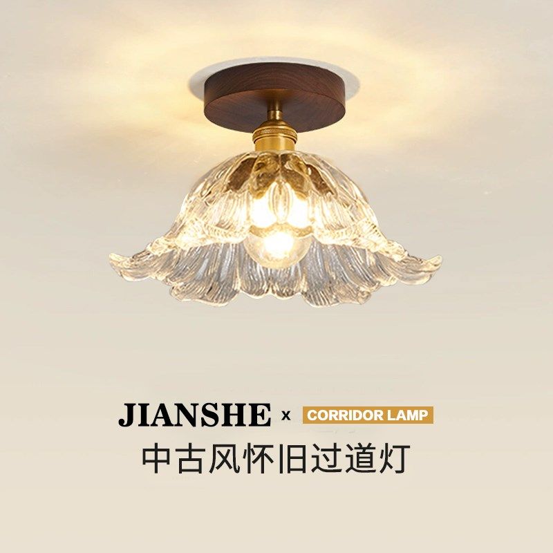过道走廊灯中古入户门厅阳台玄关灯侘寂风玻璃楼梯创意黄铜吸顶灯