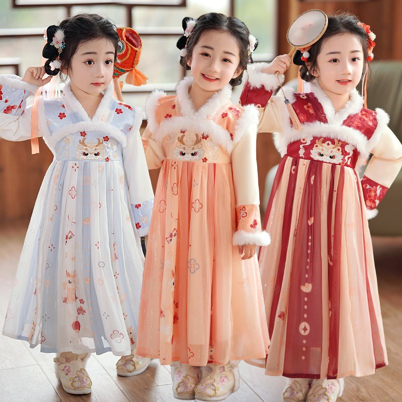 儿童汉服冬季加厚女童拜年加绒新款中H国唐装宝宝连衣裙古装新年