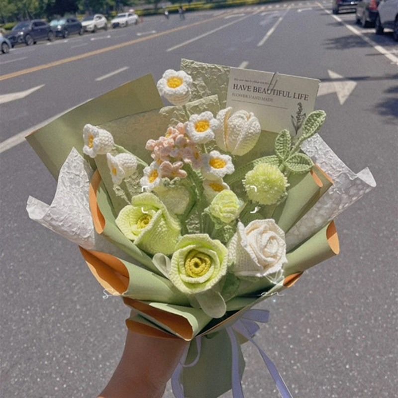 手工编织diy奶油风花束材料包自制毛线钩织玫瑰毕业季送女友闺蜜