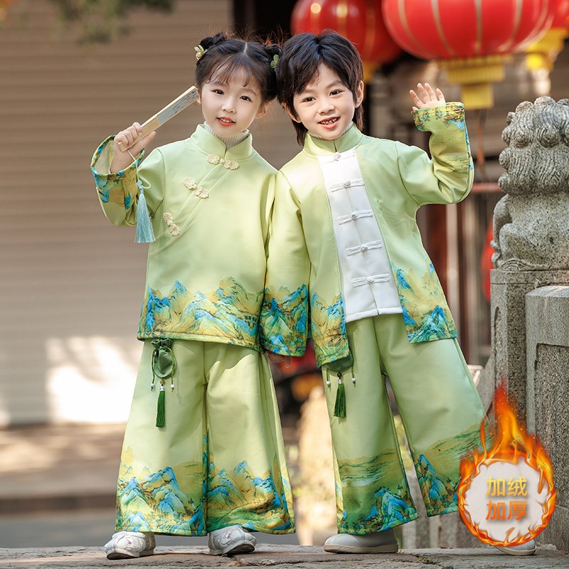 幼儿园秋冬班服加绒唐装男女生y中国风汉服加厚套装江山表演服古