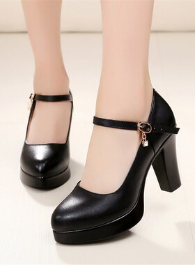 真皮尖头一字扣带高跟鞋女防水台白色婚鞋9CMM走台走秀鞋T台特模