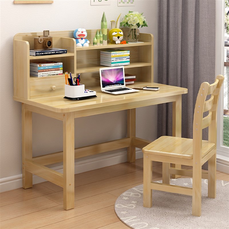 实木书桌家用学习桌书架一体初中学生笔记本电脑桌写字桌椅子套装