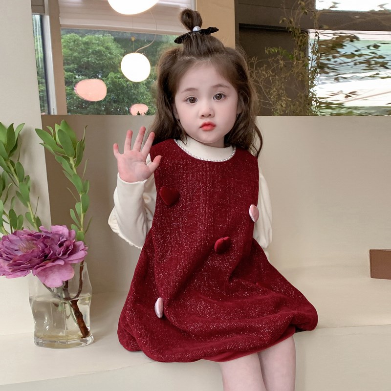 女童爱心连衣裙加绒秋冬款儿童冬季拜年服过年喜庆新年装宝宝裙子