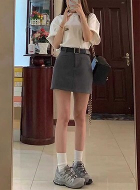 EY衣羽灰色西装短裙女夏高腰遮胯设计感防走光辣妹a字半身裙小个