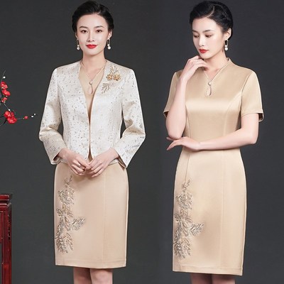 婚礼喜妈妈e婚宴装礼服两件套装春季小个子改良旗袍婆婆喜服连衣