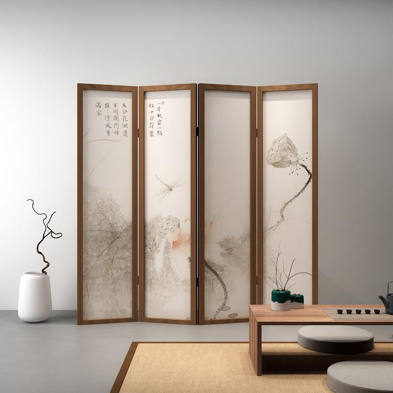 新中式屏风隔断客厅卧室酒店遮挡家用实木半透纱荷花装饰移动折叠