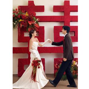 new喜子摄影道具花束喜嫁新中式插花红色手捧花hot