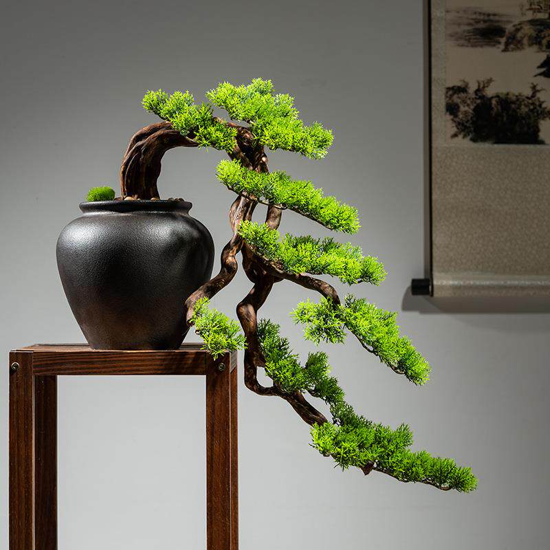 仿真崖柏盆景新中式假树迎客松客厅酒店茶室桌面摆件玄关居家装饰