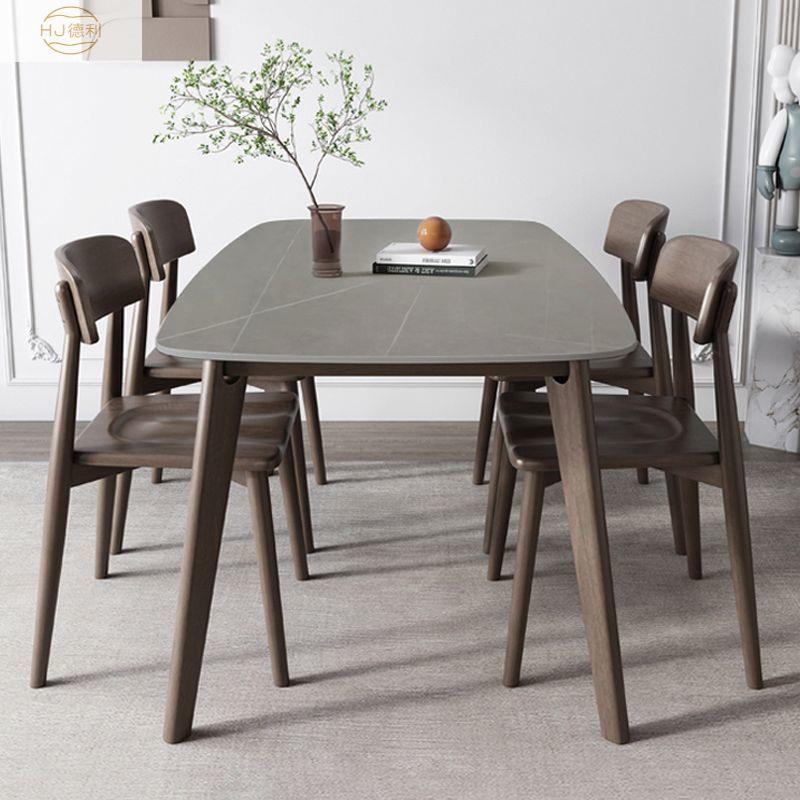 小户型家用全实木岩板餐桌椅组合餐厅简约现代实木马肚岩板餐桌椅