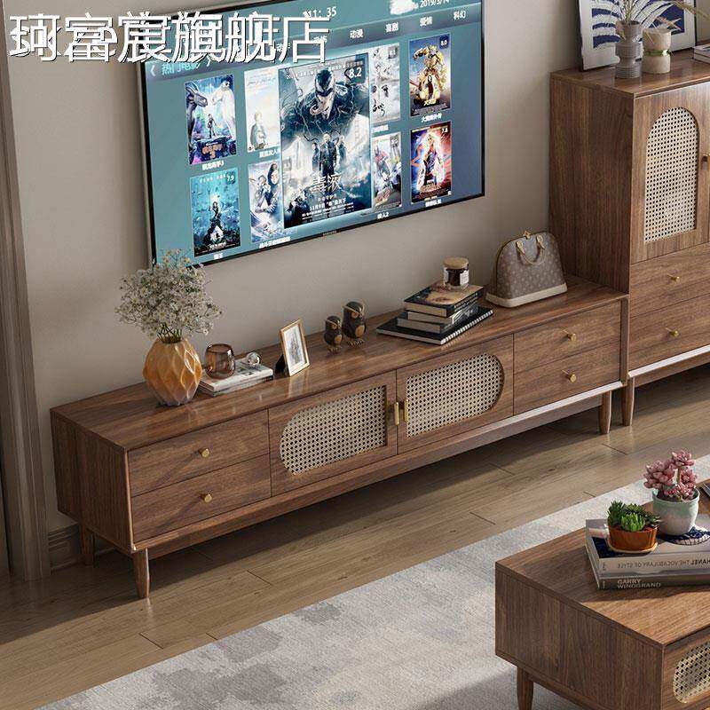 珂富宸复古藤编电视 柜 茶 几组合小户型中古客厅家用法式储物收 纳 柜 实木框床笠拉车盖布