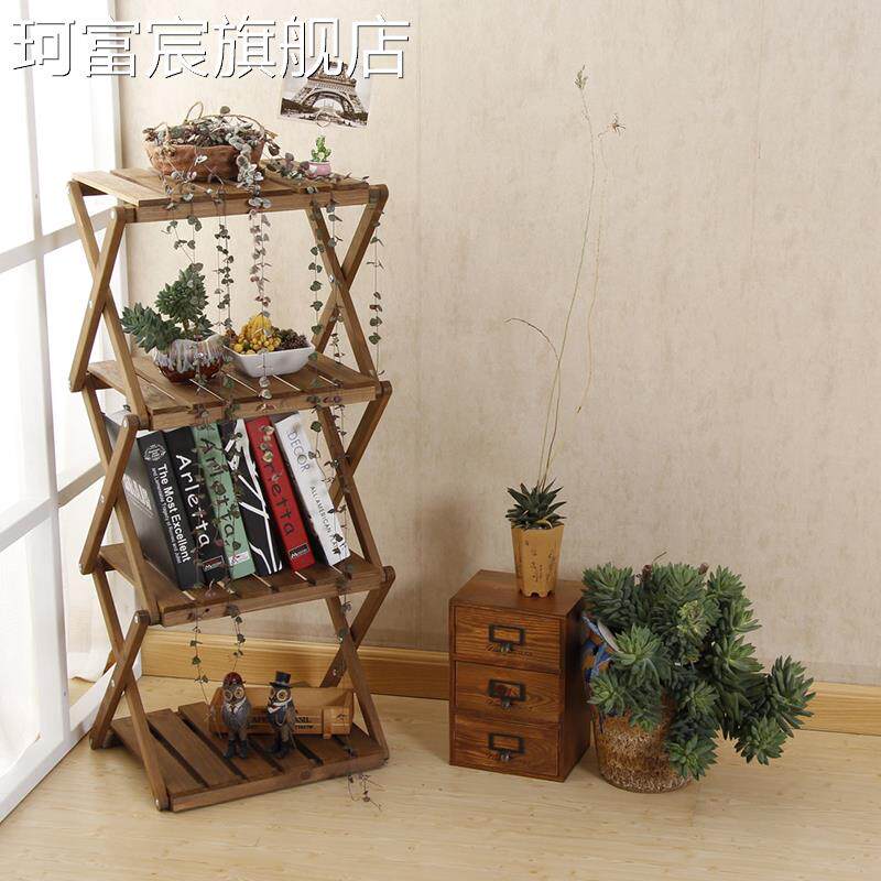 珂富宸简易多层四层可折叠储物架实木书架储物架多肉花架小木架阳台室内摆件饰品床笠拉车盖布