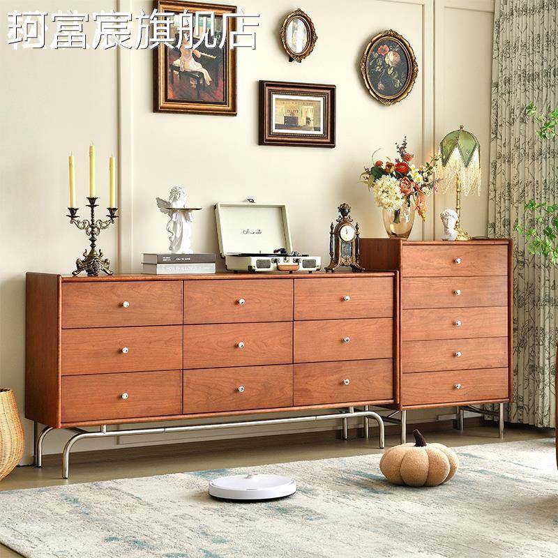 珂富宸中古实木五斗 柜 储物客厅靠墙樱桃木六九边 柜 卧室收纳卡门法式复古摆件饰品垫垫