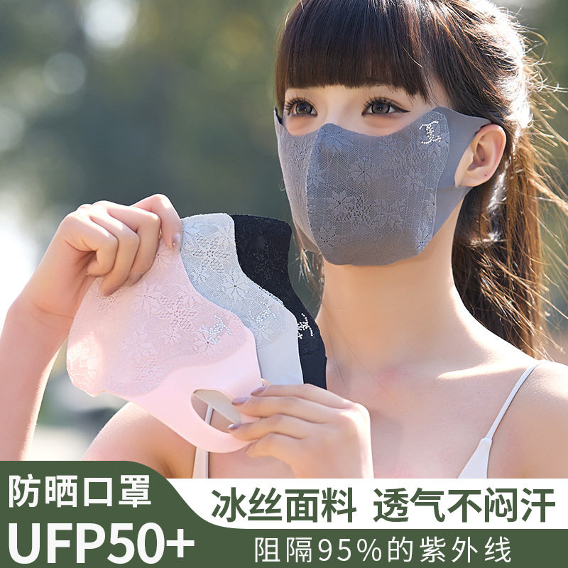 防晒口罩女高颜值护眼角夏薄款透气蕾丝防晒骑行冰丝面罩遮阳
