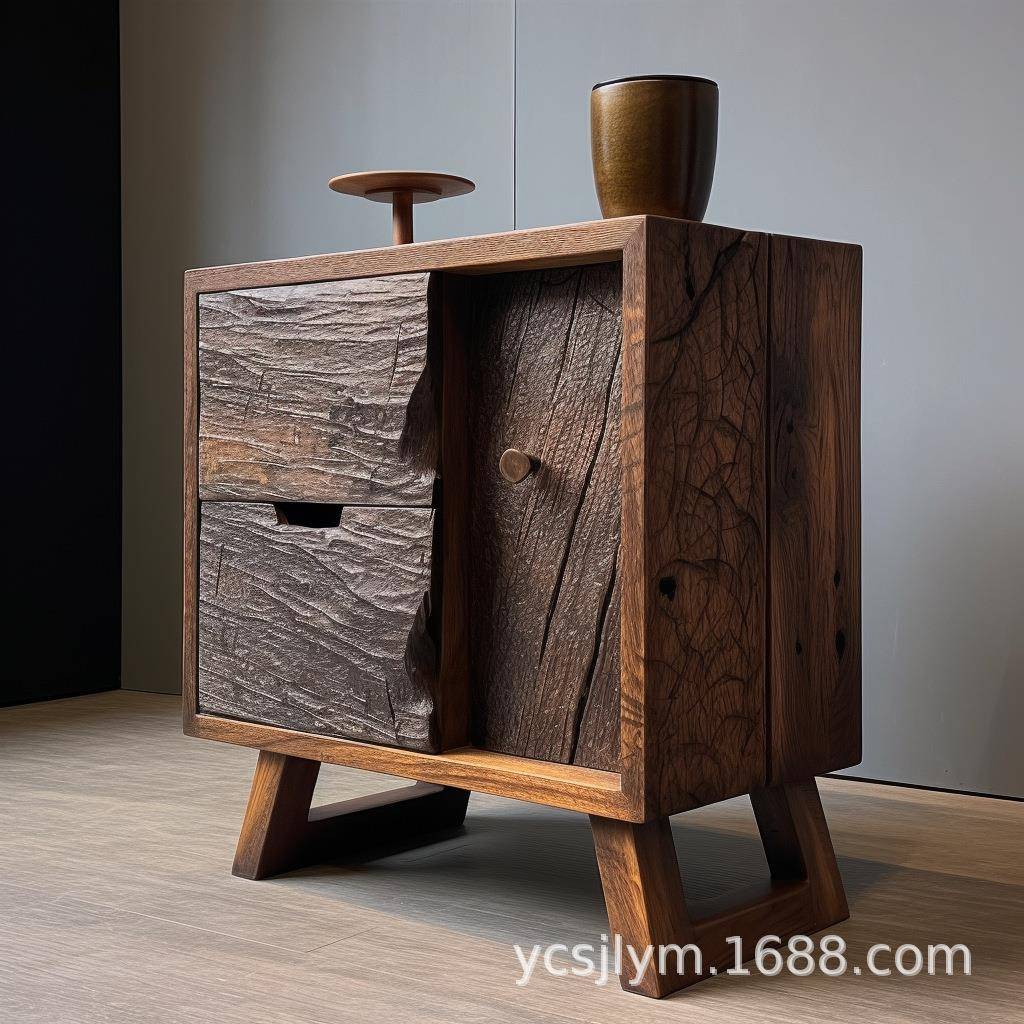 老榆木餐边柜客厅两层抽屉柜复古榆木矮柜禅意茶室靠墙小斗柜