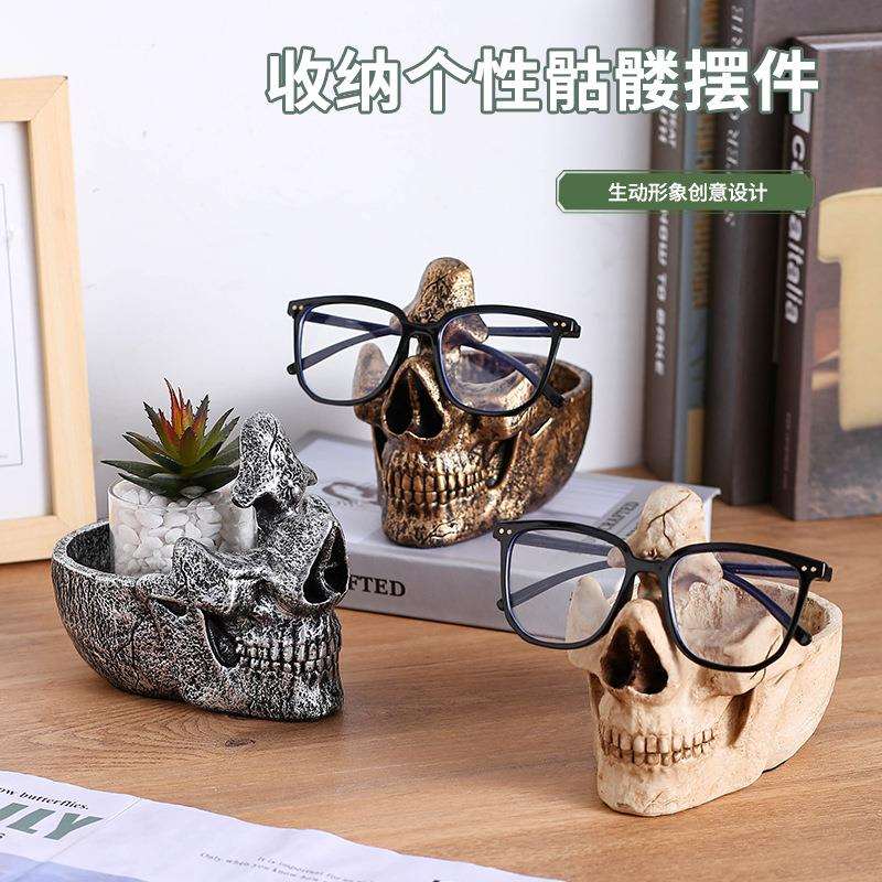 跨境桌面眼镜架家居装饰品办公室树脂骷髅眼镜支架摆设古典复古