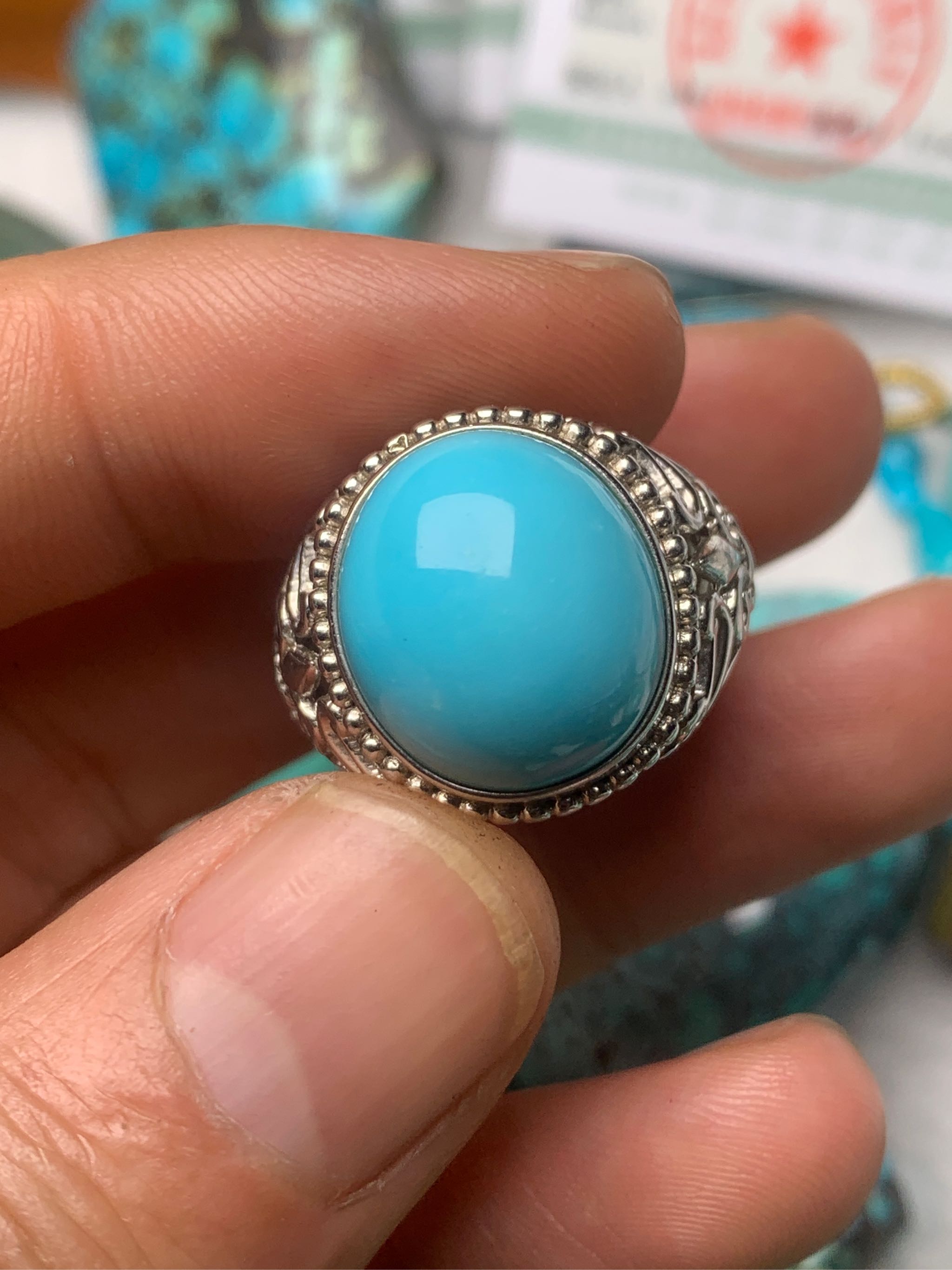 湖北纯天然原生态原矿绿松石高瓷蓝戒指