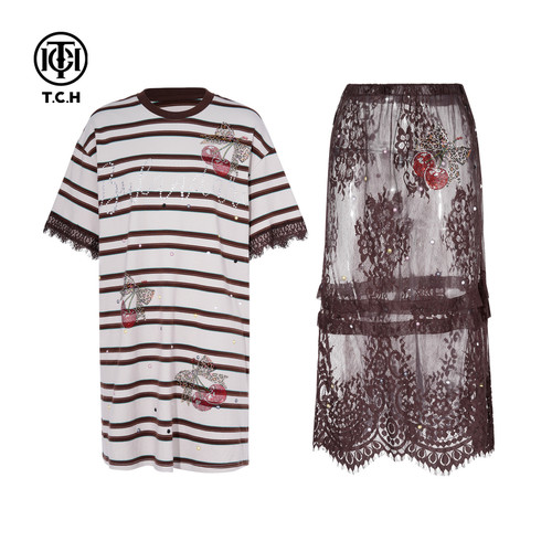 TCH私服烫钻工艺设计感樱桃印花时尚套装女T75B07E1026轻奢tch