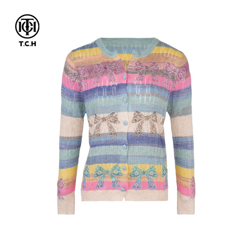 彩虹V领烫钻单排扣修身针织开衫