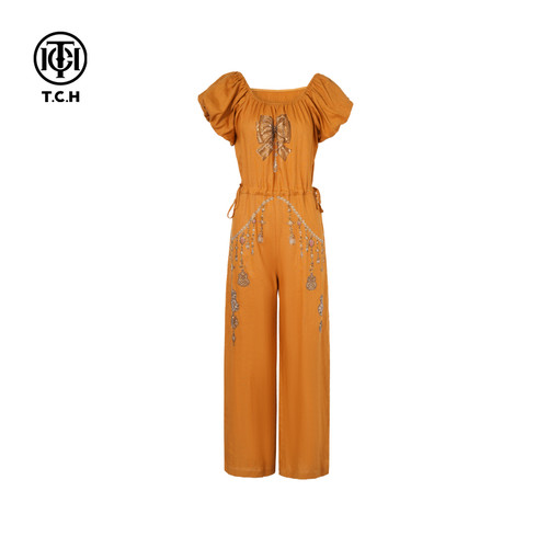 TCH烫钻亚麻时尚休闲气质泡泡袖圆领连体裤女夏季T75B20E5219