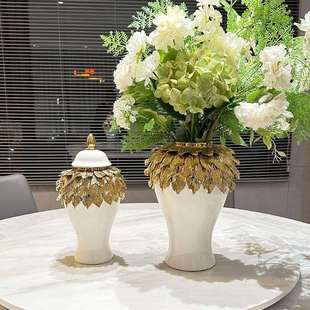 轻奢陶瓷手工贴花将军瓶电镀金色插花花瓶样板房玄关客厅花店摆件