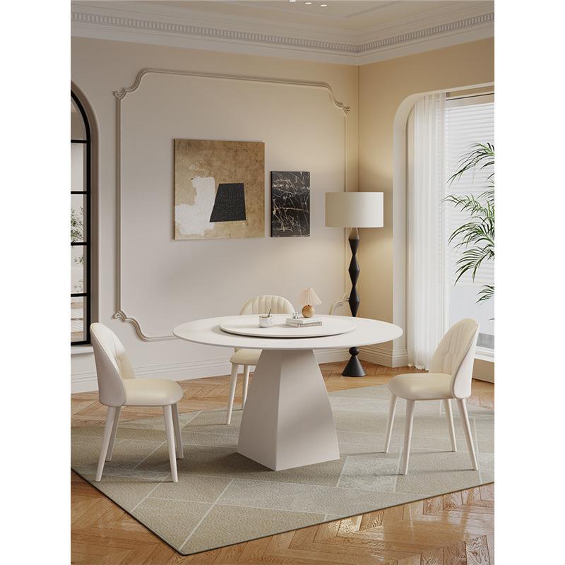 意式极简岩板餐桌2024新款圆形法式复古风家用10人黑色圆桌带转盘