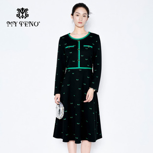 收腰撞色提花连衣裙子气质时尚 黑色圆领长袖 女 新款 马天奴2025冬季